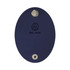 A navy oval cable wrap with a metal attachment hole and a logo. Features a smooth surface.