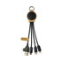 A multi-port charging cable in black with a wooden connector housing and a keyring attachment. A multi-port charging cable in black with a wooden connector housing and a keyring attachment.