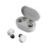 White true wireless stereo earbuds in a charging case, with one earbud placed outside the case.