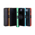 A collection of four solar-powered wireless power banks in black, orange, green, blue, and red, featuring branding.