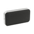 A compact rectangular Bluetooth speaker in silver and black, featuring a sleek design and a logo on the surface.