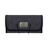 A grey folio accessory roll with a clasp closure, featuring a metallic logo and black trim.