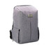 A grey backpack with a sleek design, featuring side pockets and a logo on the front.