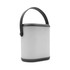 A portable BT LED speaker in white with a black handle. Features a smooth, modern design.