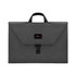 A grey laptop bag with a handle and a flap closure. It features a branding logo on the front.