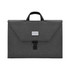 A grey laptop bag with a handle and a clasp closure, featuring a logo on the front.
