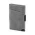A grey vegan RFID wallet with a sleek design and a card slot on the front. It features an elastic band for closure.