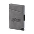 A grey vegan RFID wallet with a textured finish and a logo, featuring a card slot and a secure closure.