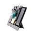 A grey clipboard organiser featuring pockets for stationery, a smartphone, and notepads. It includes pens and scissors.