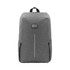 A grey backpack with a streamlined design and a logo, featuring two side pockets and a top handle.