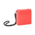 A square power bank in a coral colour with a black strap attached. It has a simple, sleek design and a branding logo.