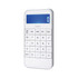 A white calculator with a blue display and numerous buttons, featuring a logo on its surface.