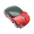 A red and black wireless mouse designed in the shape of a sports car, featuring chrome wheels and a sleek finish.