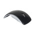 A sleek black wireless optical mouse with a curved design and a silver side accent.