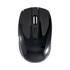 A black wireless mouse with a scroll wheel and side buttons, featuring a smooth surface and ergonomic design.