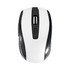 A wireless mouse in white and black with a scroll wheel and side buttons, featuring a branding logo.