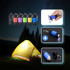A set of colourful rechargeable LED torches with keychain attachments, displayed against a night landscape with a tent.