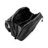 A black toiletry bag with multiple compartments and an adjustable strap. It has a logo on the exterior.