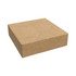 A recycled kraft tuck box in a natural brown colour, featuring a logo, measuring 85 x 85 x 23 mm.