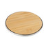 A round, bamboo wireless charger with a silver rim, featuring a smooth wooden surface.