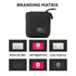 A black eco accessory pouch with a zip closure, featuring a logo and various branding options displayed below.
