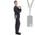 A grey eco phone strap with a charging and data cable hangs from a man in a suit. The strap features a sleek design. A grey eco phone strap with a charging and data cable hangs from a man in a suit. The strap features a sleek design.