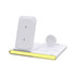 A white magnetic wireless charger with a USB adaptor, featuring a sleek design and yellow accent along the base. A white magnetic wireless charger with a USB adaptor, featuring a sleek design and yellow accent along the base.