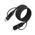 A black braided charging cable with USB and Lightning connectors, featuring a branding logo. A black braided charging cable with USB and Lightning connectors, featuring a branding logo.