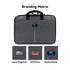 A grey laptop case with dual handles and a branding logo on the front, featuring options for logo displays below.