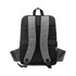 A grey and black computer backpack with padded shoulder straps and a logo on the back.