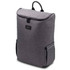 A grey backpack with a zipped top, featuring side pockets and a logo on the front.