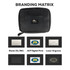 A black accessory pouch featuring a logo, with options for branding on a variety of surfaces.