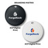 Two round tracking tags in black and white, each featuring a logo and a hole for attachment.