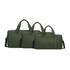 Three durable duffle bags in olive green, featuring handles and adjustable straps, with one bag having a logo.