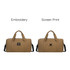 A brown durable duffle bag with handles and a detachable shoulder strap, featuring two designs for branding.