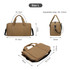A tan durable duffle bag with adjustable straps, featuring dimensions and various angles displayed.