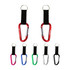 A collection of carabiner keychains in red, pink, blue, green, silver, and black, featuring a fabric strap and a logo.