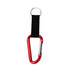 A red carabiner keychain with a black fabric strap and a metal keyring attachment. Features a logo.