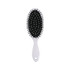 A white-handled hair brush with a black bristle pad and white bristles, featuring a logo on the handle.