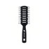 A black hair brush with a vented design and plastic bristles, featuring a logo on the handle.