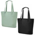 A mint green tote bag and a black tote bag, both featuring sturdy handles and a branding logo.
