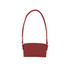 A drink bottle holder in a deep red colour with a long strap and metal clasps. It features a logo.