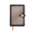 A brown and tan notebook with a magnetic buckle closure and a simple design. It features a ribbon marker and a logo.