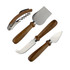 A cheese knife set featuring four stainless steel utensils with wooden handles and a corkscrew, all in shades of brown.