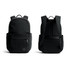 A black backpack with dual compartments and padded straps, featuring a simple design and a logo.