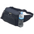 A black hiking waist bag features a zippered main compartment and a side pocket with a drink bottle. It has a logo.