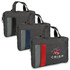 Three grey satchels featuring various coloured stripes and a logo on the front.