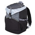 A black and grey backpack cooler with adjustable straps and a light blue flap, featuring a logo on the side.