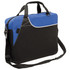 A laptop bag in blue and black, featuring a shoulder strap and handles, with a logo on the front.
