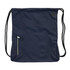 A navy drawstring bag featuring a zip pocket and a logo. The bag has two black cords for carrying.